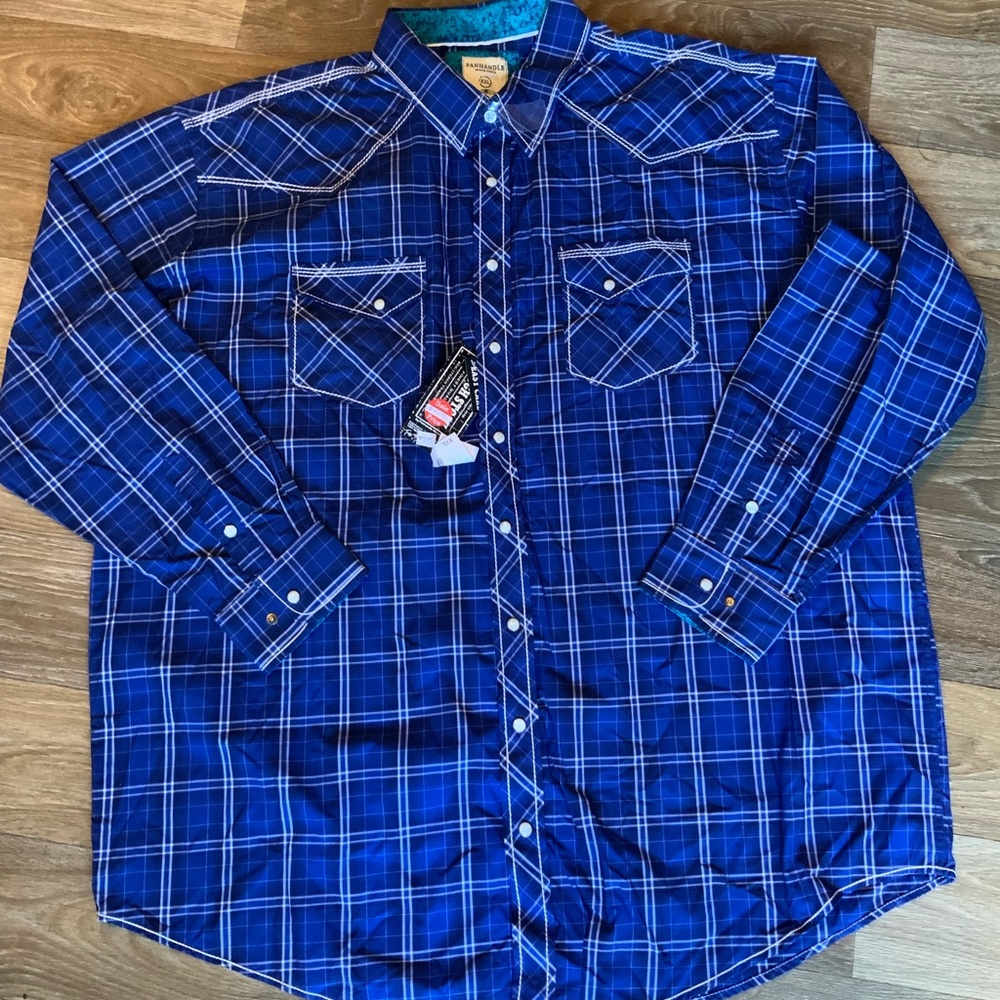 Panhandle Men’s Blue Plaid Long Sleeve Western Shirt New